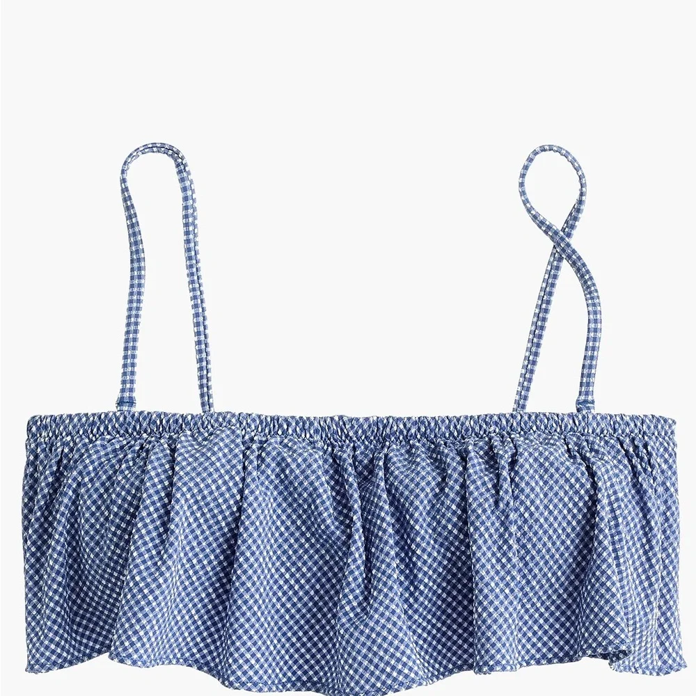 J. Crew Blue & White Ruffle bandeau bikini top in tiny gingham. Size XL.